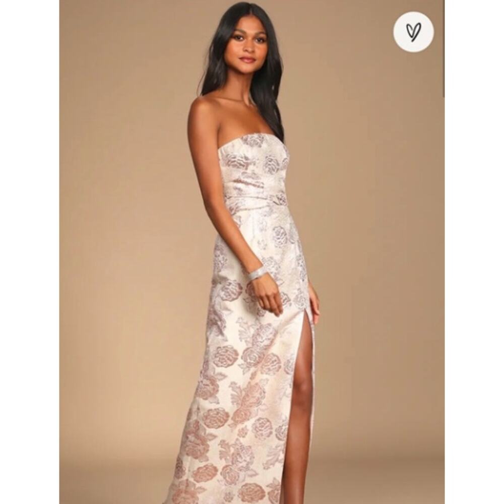 Lulus NEW Redefine Regal Pale Pink Floral Jacquard Strapless Large Maxi Dress